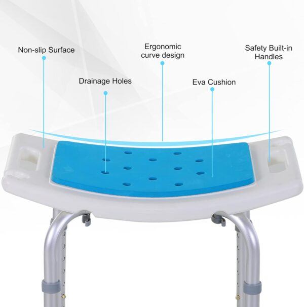 HOMCOM 6-Level Height Adjustable Aluminium Bath Room Stool Chair Shower Non-Slip Design w/Padded Seat Drainage Holes Foot Pad, Blue