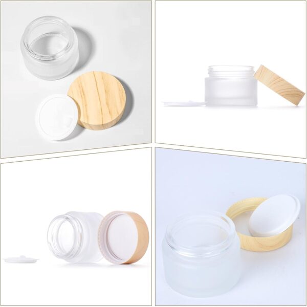 8 Pcs Frosted Clear Glass Cosmetic Jars with Wood Grain Plastic Lids & Inner Liners – 20ml & 30ml Refillable Travel Pots for Creams, Lip Balm, Makeup, Powder, Lotion, and Nail Products