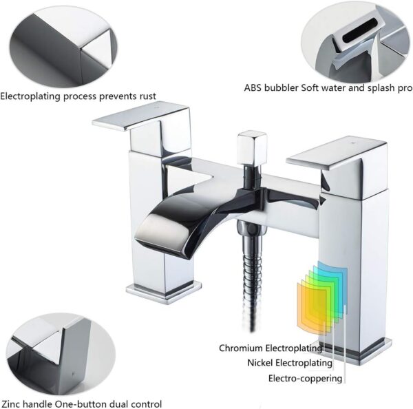 Luckyhome Bath Taps with Shower,Waterfall Bathroom Bathtub Mixer tap Chrome Brass Dual Lever Tap with Handheld Shower Head