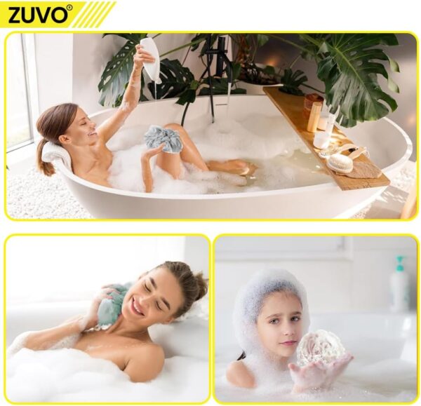 Zuvo Loofah Bath Sponge (4-Pack) – Soft & Durable Shower Puffs for Deep Exfoliation – Unisex Body Scrubber, Eco-Friendly and Skin-Safe, Assorted Colours.
