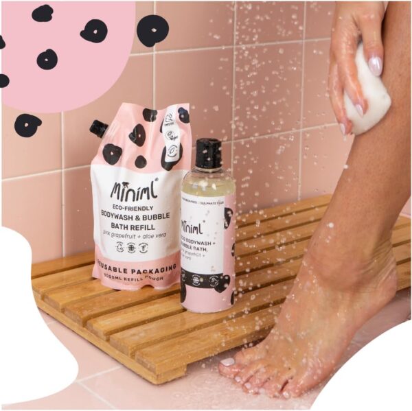 Miniml All Natural Body Wash and Bubble Bath - 500ml Moisturising Pink Grapefruit and Aloe Vera Sensitive Skin Eco Shower Gel Bath Soak - Vegan Friendly High Foam