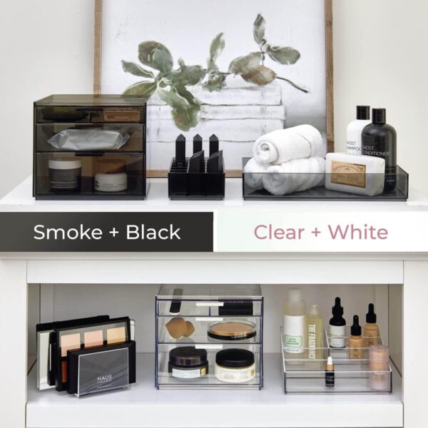 iDesign Storage Drawer from the Signature Series by Sarah Tanno, Rectangular PET Makeup Tray for Beauty Products, Cosmetic Organiser System, Clear/Matte White, 10.2 cm x 20.3 cm x 5 cm