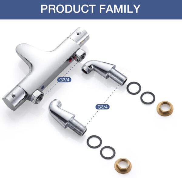 Thermostatic Bath Shower Mixer, Bevankly Exposed Thermostatic Shower Mixer Taps Valve Anti Scald Tap, Deck Mounted Bath Shower Mixer Bar with Anti-Scald Control Valve, Brass, 180mm