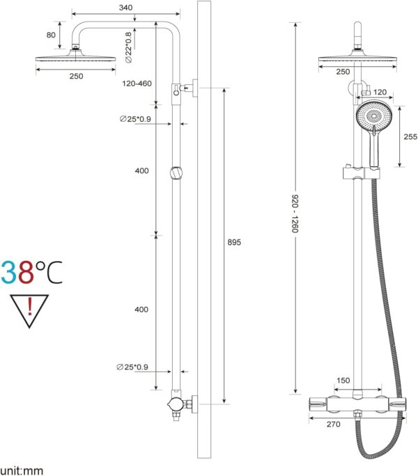 Rainsworth Thermostatic Shower Mixer Set Chrome, 25cm Round Overhead Rainfall Shower, 3 Jet Types Handheld Shower, Height Adjustable Shower Set, Shower System