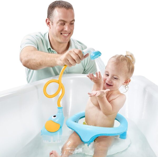 Yookidoo Baby Bath Shower Head - Elephant Water Pump with Trunk Spout Rinser - Control Water Flow from 2 Trunk Knobs in Tub or Sink for Infants and Newborn Babies (Blue and Orange)