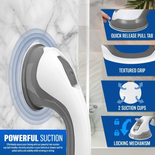 2 X Support Grab Handle - Suitable for Bath & Shower | Use As A Disability Aid, Safety Grip Rail with Suction Cup Fitting | Mobile Bathroom Support for Elderly, Children, No Fixings Needed, Anti Slip