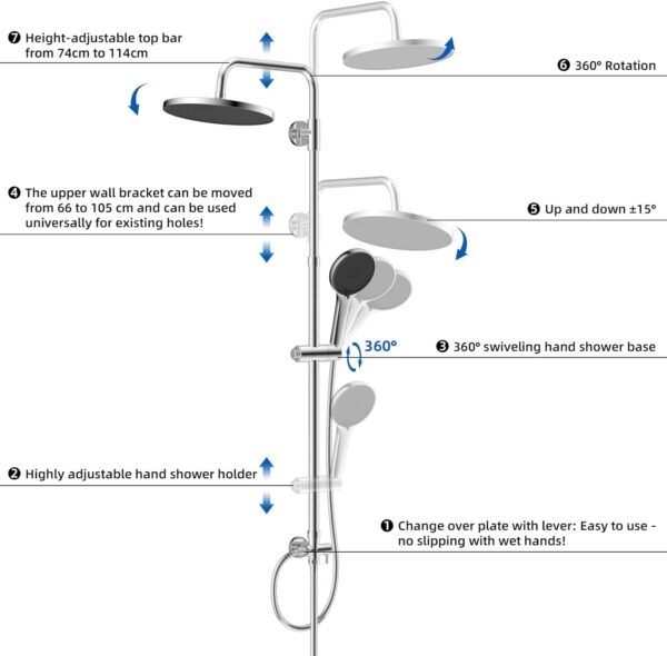 Hibbent Self-Cleaing Rainfall Shower Kit with 304 Stainless Steel Shower Rail,Height Adjustable Overhead Shower Kit Without Mixer, Shower Riser Rail Kit with Brass Diverter,Chrome
