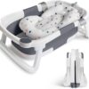Baby Bath Tub Foldable Bathtub, Collapsible Toddler Bath Tubs with Baths Support Cushion Pad Seat Mat, Anti-Slip Portable Travel Shower Bathing Basin Folding Bathtubs for Newborn Toddler Infant (Grey)