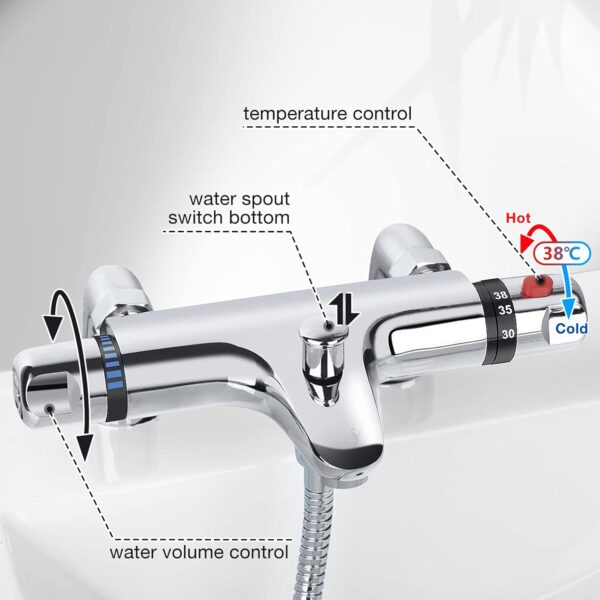Thermostatic Bath Shower Mixer Tap Deck Mounted Bath Mixer Taps Bar with Bath Filler Spout, Thermostatic Shower Valve Bath Taps Faucet Modern Chrome Solid Brass 38°C Safety Anti-Scald
