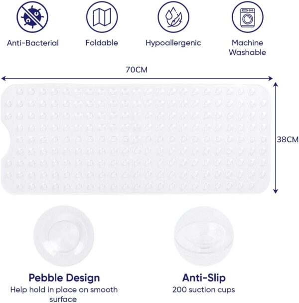 MOONLIGHT20015 Shower Bath Mat Non Slip Anti Mould & Mildew with Strong Suction Cups Grip and Drain Holes Soft Rubber Shower Mats - PVC Bathroom Mat Machine Washable (70x38cm, White)