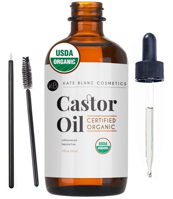 61f-bUFhEJL._SL1500_.jpg Kate Blanc Cosmetics Castor Oil Organic (2oz), 100% Pure, Cold Pressed, Hexane Free. Nourishing Serum for Hair, Eyelashes, Eyebrows. Skin Moisturizer with Starter Kit