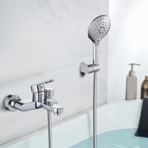 KINKIBOS Wall Mounted Bath Mixer Tap with 3-Spray Handheld Shower Head, Newly Upgraded Diverter, Bathroom Bath Shower Filler Tap, Single Lever Bath Shower Mixer, Solid Brass Chrome