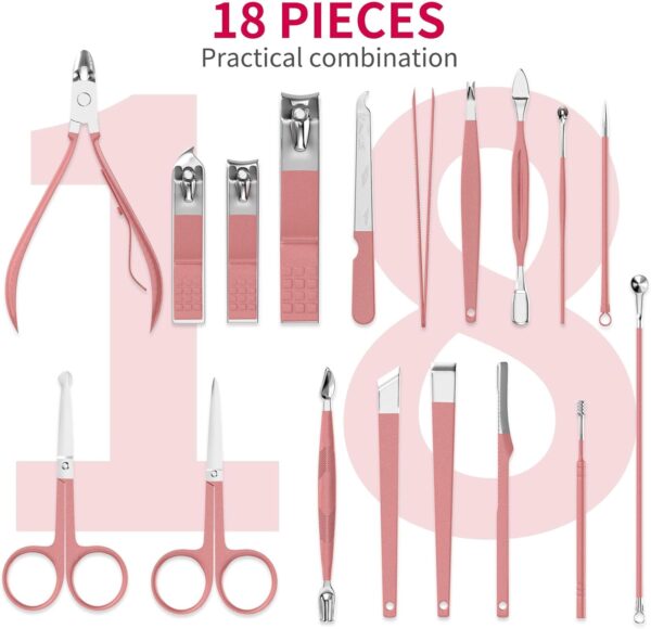 ZIZZON Manicure Set 18 in 1 Professional Pedicure Set Nail scissors Grooming Kit with Leather Travel Case Pink