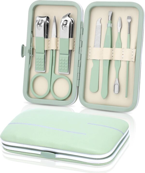 Manicure Set-Stainless Steel Nail Care Set-Professional 7 in 1 Ingrown Toenail Clipper Grooming Tool-Pedicure Kit & Toe Nail Cutter-Thick Nail Scissors Toiletries with Cuticle Trimmer (Green)