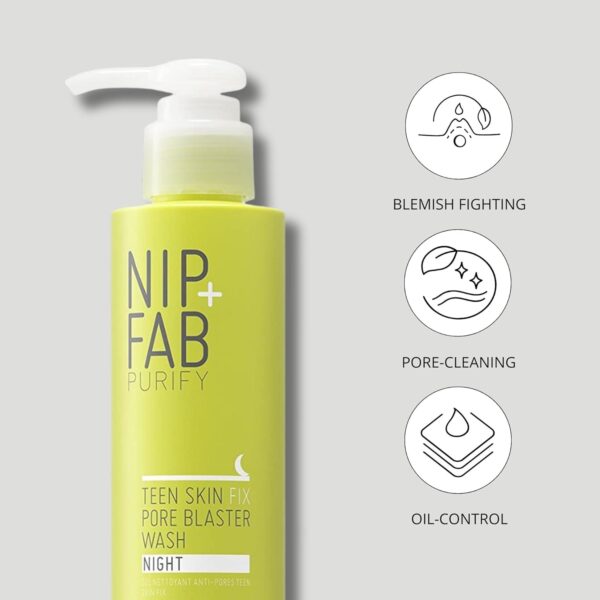 Nip + Fab Teen Skin Fix Pore Blaster Night Face Wash with Salicylic Acid, Wasabi Extract, and Tea Tree Oil Cleansing Purifying Facial Cleanser, Breakouts, 145ml