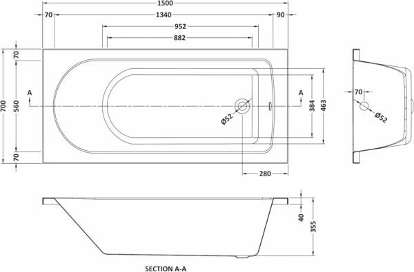 Round Single Ended Straight Shower Bath with Leg Set - 1500mm x 700mm