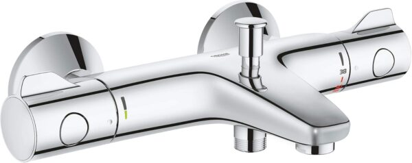 GROHE Grohtherm 800 - Wall Mounted Exposed Bath Thermostat (Automatic Bath/Shower Diverter, Safety Button at 38°C, Built-In Non-Return Valves), Chrome, 34569000