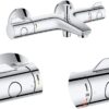 GROHE Grohtherm 800 - Wall Mounted Exposed Bath Thermostat (Automatic Bath/Shower Diverter, Safety Button at 38°C, Built-In Non-Return Valves), Chrome, 34569000