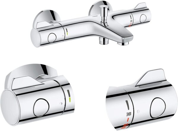 GROHE Grohtherm 800 - Wall Mounted Exposed Bath Thermostat (Automatic Bath/Shower Diverter, Safety Button at 38°C, Built-In Non-Return Valves), Chrome, 34569000