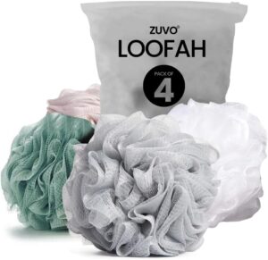 Zuvo Loofah Bath Sponge (4-Pack) – Soft & Durable Shower Puffs for Deep Exfoliation – Unisex Body Scrubber, Eco-Friendly and Skin-Safe, Assorted Colours.