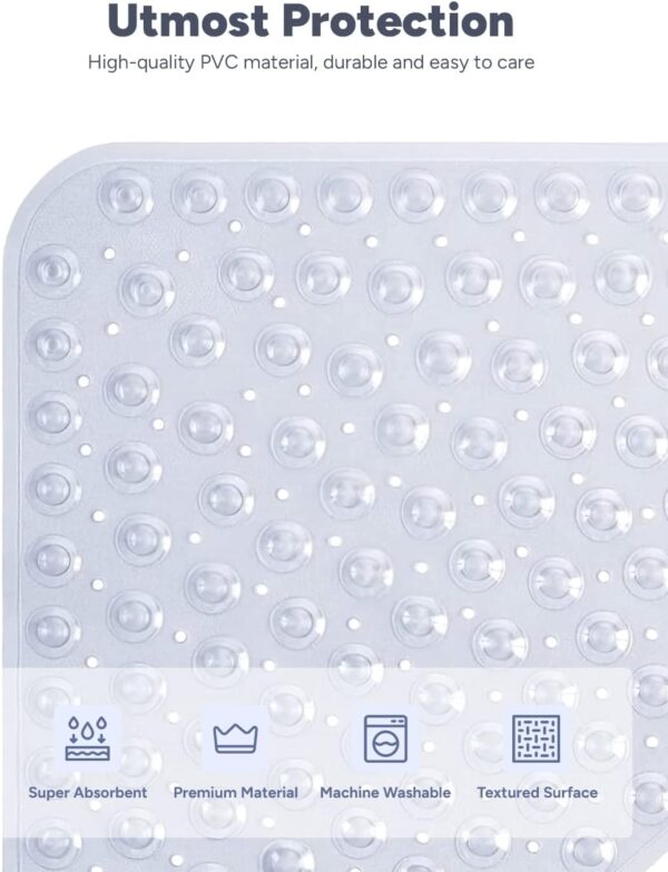 ADOV Corner Shower Mat, 54x54cm Curved Non Slip Anti-Mould Bath Mat, Quadrant Rubber Mat for Inside Shower Bathroom Floor, Machine Washable Sector Shower Mats with Strong Quick Dry Suction Cups- Clear