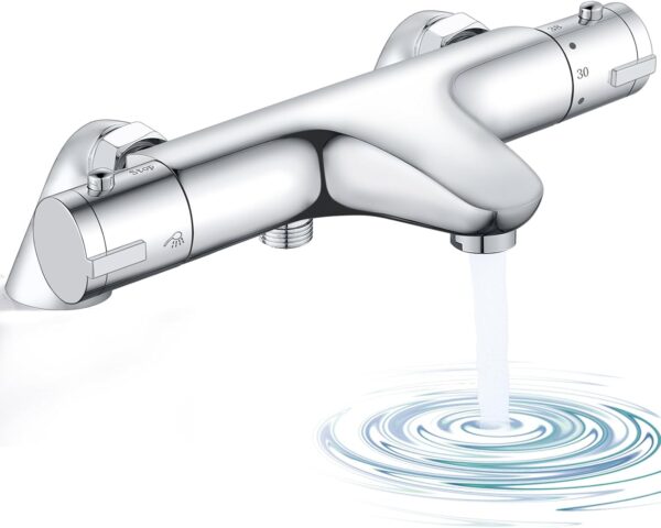 Thermostatic Bath Shower Mixer, Bevankly Exposed Thermostatic Shower Mixer Taps Valve Anti Scald Tap, Deck Mounted Bath Shower Mixer Bar with Anti-Scald Control Valve, Brass, 180mm