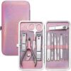 Glamne Manicure Pedicure Set Tools Professional Stainless Steel Nail Care Kits with Holographic Travel Case(Pink)
