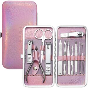 Glamne Manicure Pedicure Set Tools Professional Stainless Steel Nail Care Kits with Holographic Travel Case(Pink)