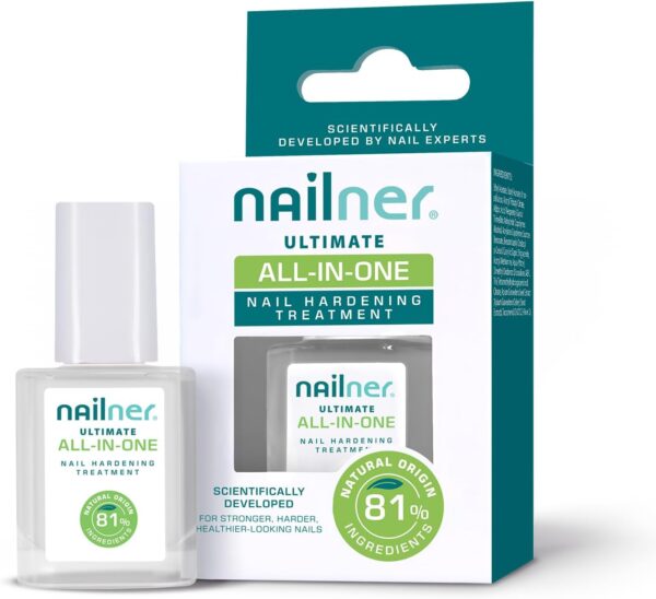 Nailner Ultimate All-in-One Nail Hardening Treatment – Nail Polish Strengthener – Clear Nail Varnish – Nail Strengthener for Damaged Nails – For Stronger, Harder, Healthier-Looking Nails – 10ml
