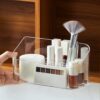LINFIDITE Makeup Organiser Storage Tray Bathroom Cabinet Cosmetics Organiser Storage Tray Holder Countertop Vanity Display Case with 9 Compartments 2 Removable Dividers for Beauty Crystal Clear