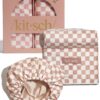 Kitsch Love & Comfort 2PC Spa Set - Satin Lined Reusable Waterproof Shower Cap and XL Quick Dry Hair Towel Wrap for Women, Microfiber Towel, Flexi Shower Cap For All Hair Types - Terracotta Checker
