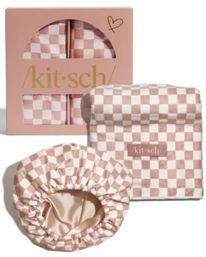 Kitsch Love & Comfort 2PC Spa Set - Satin Lined Reusable Waterproof Shower Cap and XL Quick Dry Hair Towel Wrap for Women, Microfiber Towel, Flexi Shower Cap For All Hair Types - Terracotta Checker