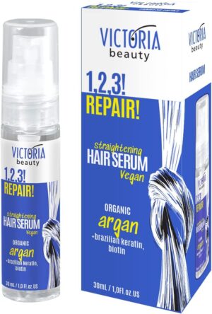Victoria Beauty 1,2,3! Repair! Keratin Hair Treatment Leave-In Conditioner Serum for Dry and Damaged Hair with Argan, Castor Oil, and Biotin - Repairing, Smoothing, Growth Promoting, 30ml