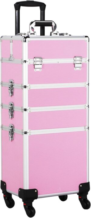 Yaheetech 4 in 1 Beauty Case Rolling Cosmetics Organiser Makeup Vanity Case Lockable Hairdressing Trolley Pink