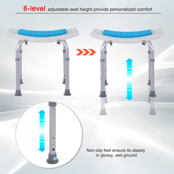 HOMCOM 6-Level Height Adjustable Aluminium Bath Room Stool Chair Shower Non-Slip Design w/Padded Seat Drainage Holes Foot Pad, Blue