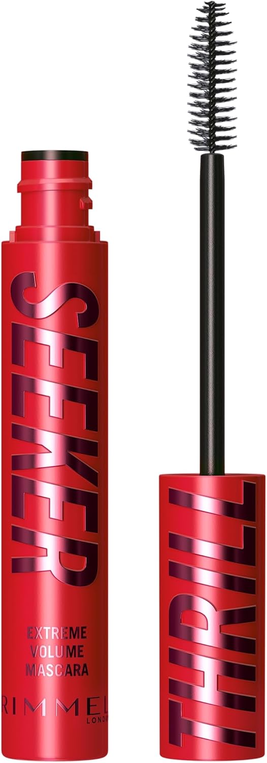 Rimmel Thrillseeker Extreme Volume Mascara Black, Ultra Volumising, 24hr Wear, Unique BIG Tower Fibre Brush, Smudge-Proof, Flake-Free, Clump-Free, Cruelty Free 12.5ml