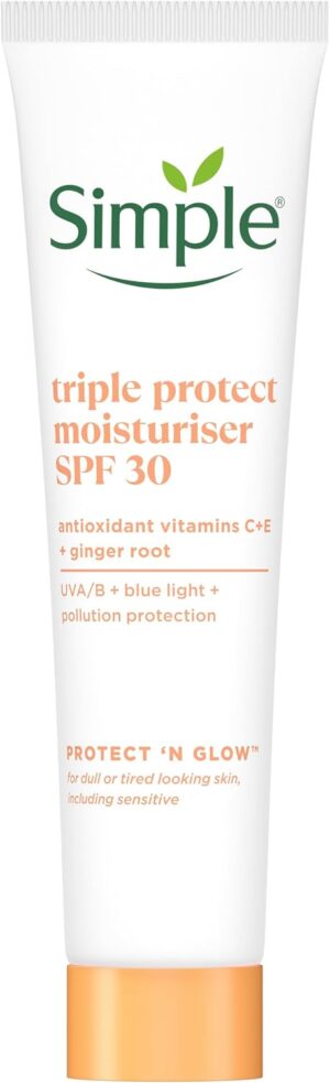 Simple Protect 'N' Glow Triple Protect Moisturiser SPF 30 3x protection against UVA & UVB rays, blue light and pollution all-day hydrating face cream 40 ml