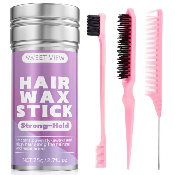 Hair Wax Stick & Slick Back Hair Brush, Hair Pomade/Balm for Smooth Flyaways, Frizz, Sleek Ponytail, Buns, Styling Accessories Cream/Gel for Girls, Kids
