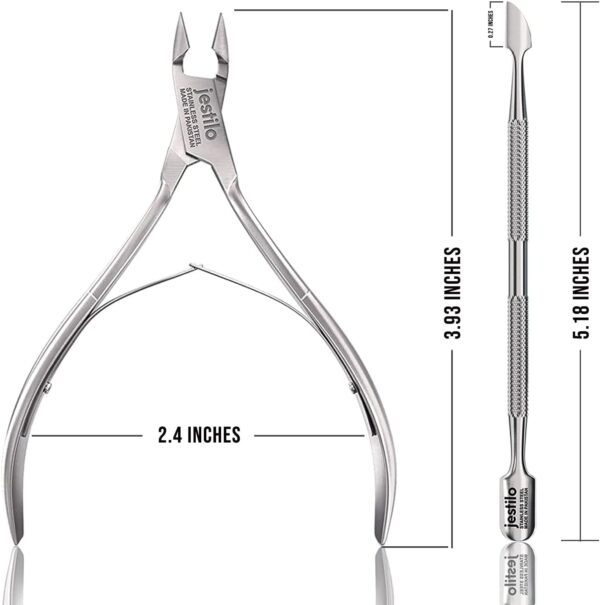 Jestilo Cuticle Remover Tool Set Cutter and Pusher - Stainless Steel Professional Nipper Nail Care Tools Salon Level Mani-Pedi at Home Silver (Silver) (JC-NP-S)