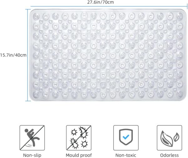 Non Slip Bath Mat Shower Mats Anti Mould for Bathroom and Bathtub with Large Suction Cup and Thickened Rubber Backing Long 70 * 40cm, Clear