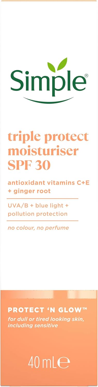 Simple Protect 'N' Glow Triple Protect Moisturiser SPF 30 3x protection against UVA & UVB rays, blue light and pollution all-day hydrating face cream 40 ml