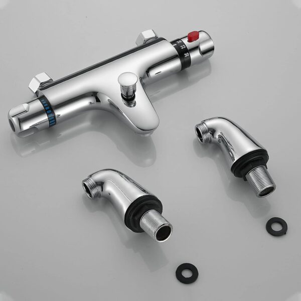 Thermostatic Bath Shower Mixer Valve Deck Mounted with Legs, Solid Brass Body Chrome Plated, Easy to Control Water Flow and Temperature from 30-45°C, Safety Button Temperature 38°C