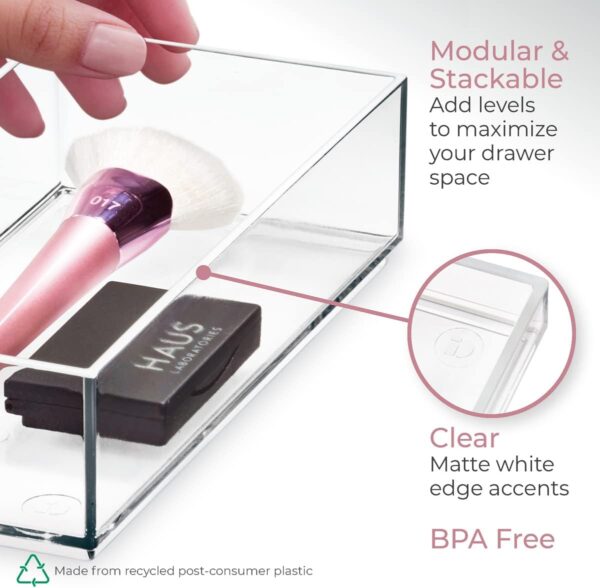 iDesign Storage Drawer from the Signature Series by Sarah Tanno, Rectangular PET Makeup Tray for Beauty Products, Cosmetic Organiser System, Clear/Matte White, 10.2 cm x 20.3 cm x 5 cm