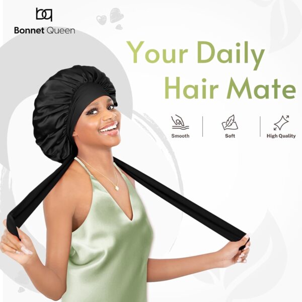 BONNET QUEEN Silk Bonnet for Sleeping Women Satin Bonnet Hair Bonnet Night Sleep Cap Scarf wrap for Curly Hair with tie Band Black