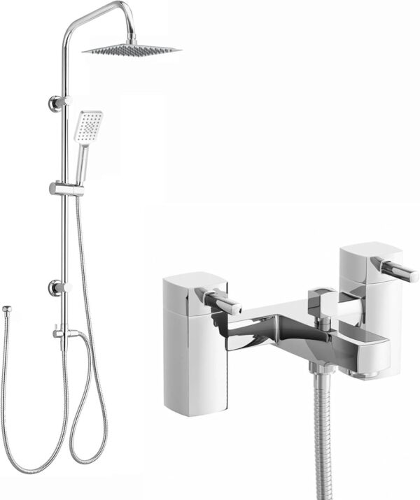 ENKI, Stella, BBT0012, Chrome, Bath Shower Mixer Taps with Twin Rigid Riser Shower Attachment, Solid Brass, Easy Clean, Angular Design, Quarter Turn Valves, Easy to Install, 10-Year Guarantee