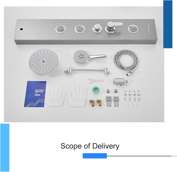KINKIBOS Shower Tower Panel, Rainfall Shower, 2-Mode Body Massage Jets, 5-Setting Handset and Bathtub Spout, Height Adjustable Arm, Stainless Steel, Brushed