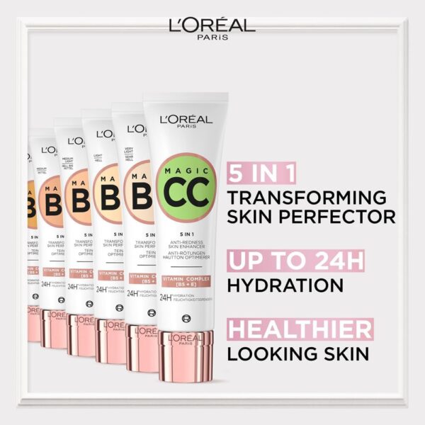 L'Oréal Paris Magic CC Cream with SPF 11, Anti-Redness and Colour Correcting, With Vitamins B5 and E, Lightweight Hydrating Formula Adapts to Skin Tone for a Natural Glowy Finish, 30 ml