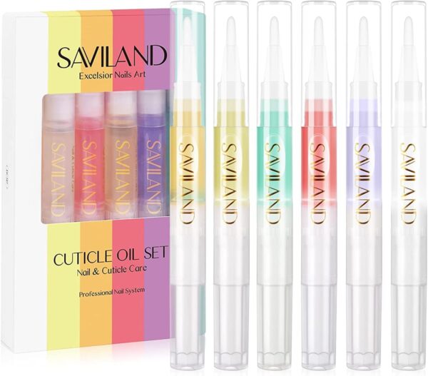 Saviland 6Pcs Cuticle Oil Pen - Cuticle Oil for Nail Care, Fruity Natural Ingredient Nail Oil Pen for Preventing Cracking and Drying of Nails, Manicure Pedicure for Woman