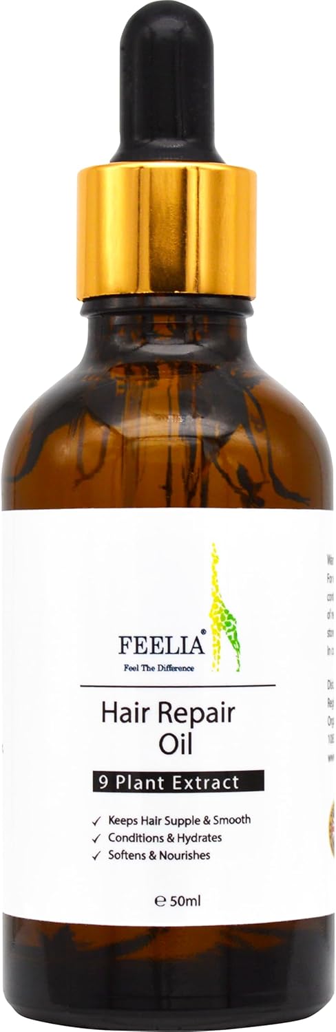 Feelia – Hair Repair Oil, With Argan, Avocado, Jojoba For Dry Damage Hair, Keeps Hair Supple & Smooth, Conditions & Hydrates, Rich in Vitamin E, 9 Plant Extract – 50ml
