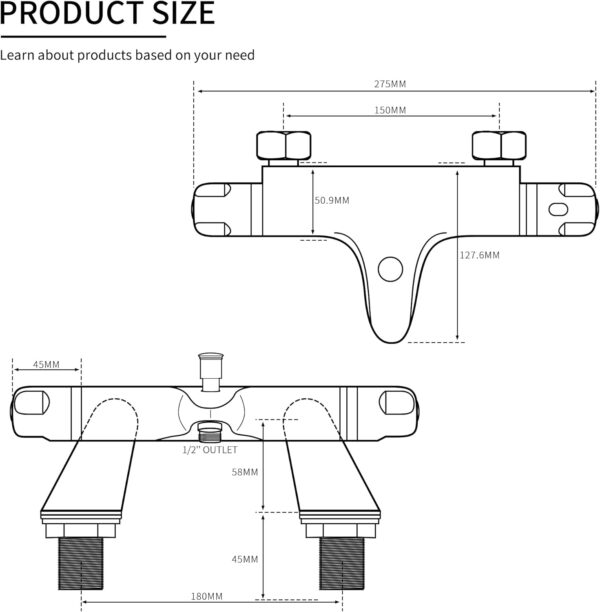 DEPTUNA Thermostatic Bath Shower Mixer,Thermostatic Bath Taps,Bath Mixer Taps with 38°C Anti-Scald Valve and Safety Button,Deck Mounted,Chrome